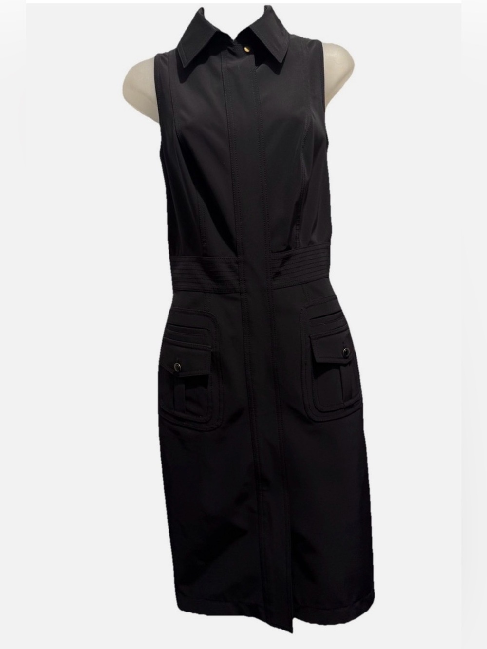 Per Se Black Sleeveless Collared Midi Dress with Flap Pockets